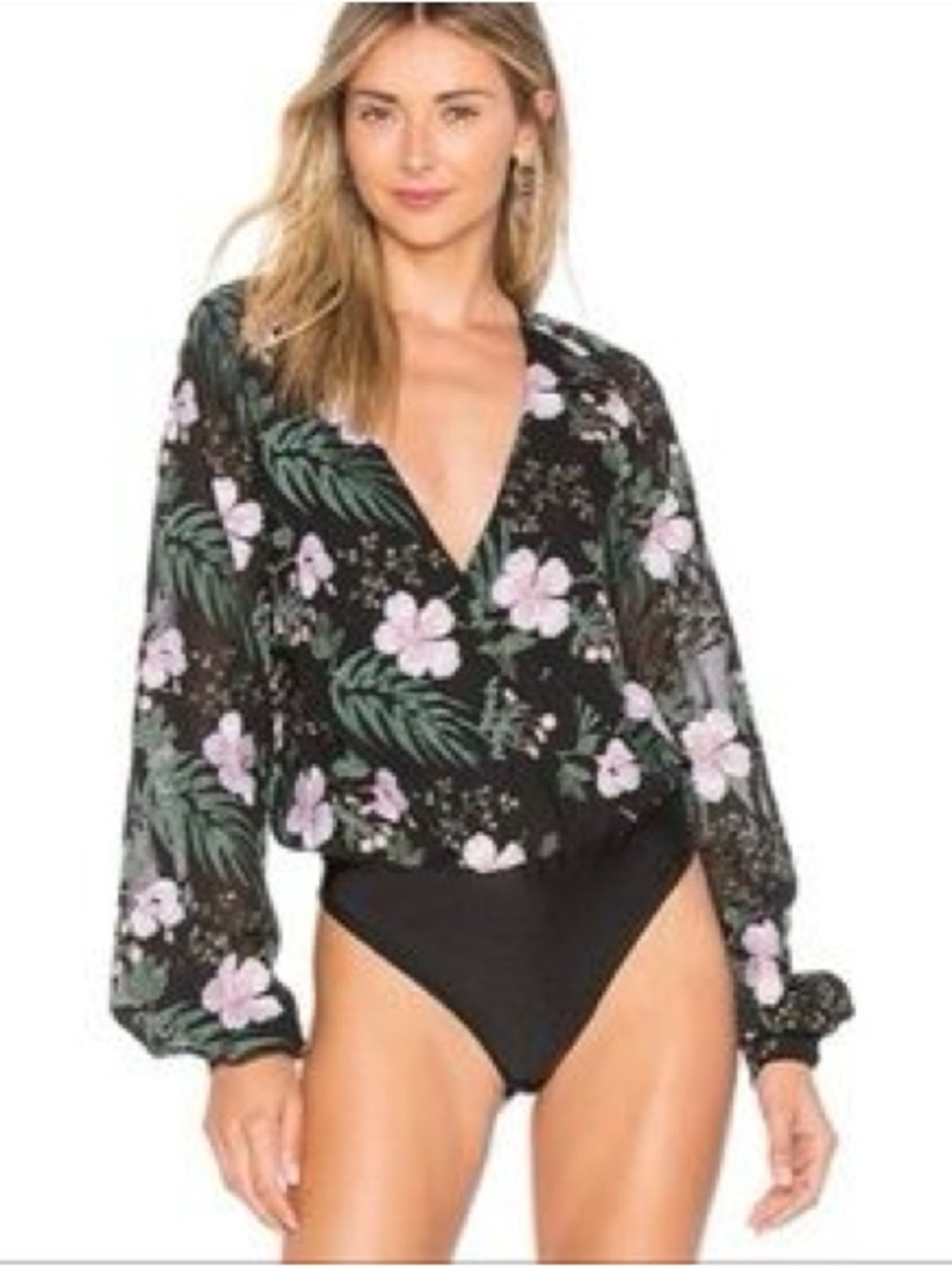 LOVERS & FRIENDS Laya Bodysuit Black, Pink Embroidered Long Sleeve Floral plunge